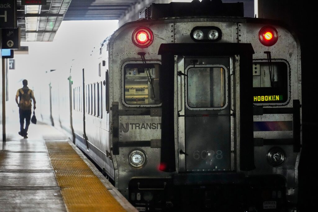 NJ-Transit-train-2025-05-14-ap-1 An NJ Transit train leaves the Secaucus Junction station