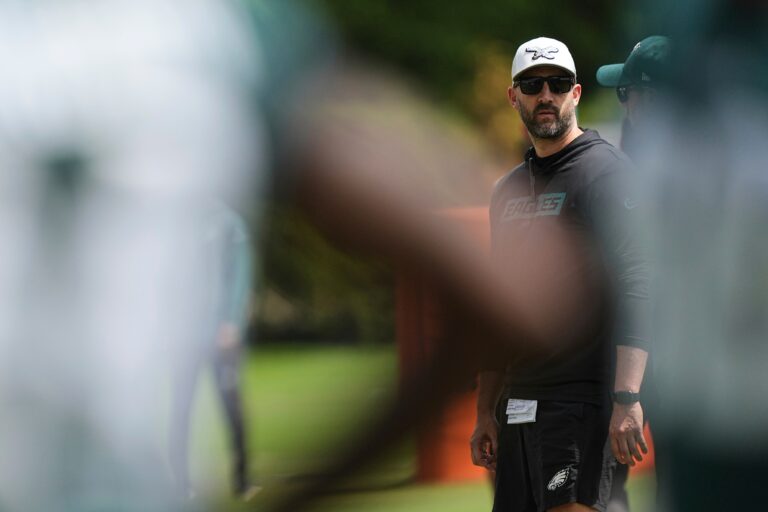 Philadelphia Eagles head coach Nick Sirianni looks on during the NFL football team's rookie minicamp in Philadelphia