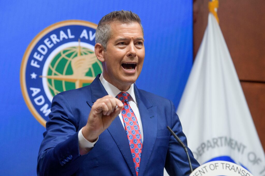 Secretary of Transportation Sean Duffy speaks during a news conference to provide a status update on Newark Liberty International Airport