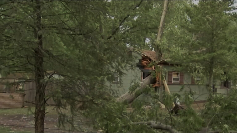 A home in Buena Vista, New Jersey is damaged by fallen trees
