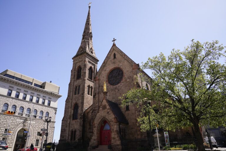 The exterior of the church is seen