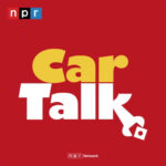 Car Talk podcast logo with bold yellow and white text on a red background, featuring the NPR logo in the top left corner and a stylized wrench forming part of the 'k' in 'Talk'.