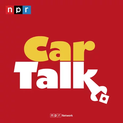 car-talk_tile_npr-network-01_sq-b44b66458a3a9aa5976ec70a3ca1defe2f9b0834 Car Talk podcast logo with bold yellow and white text on a red background, featuring the NPR logo in the top left corner and a stylized wrench forming part of the 'k' in 'Talk'.