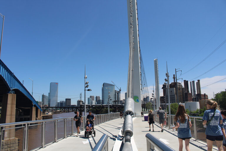 The new Christian to Crescent section of the Schuylkill River Trail, a 650-foot cable bridge, opened on May 17, 2025. (Emily Neil/WHYY)