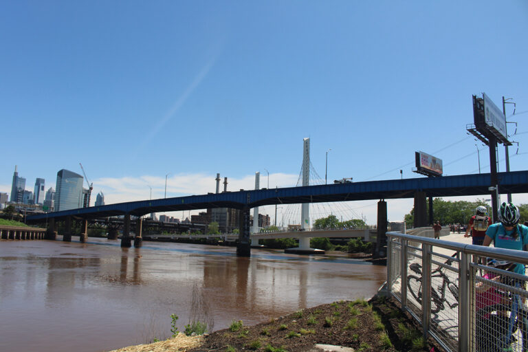 The new Christian to Crescent section of the Schuylkill River Trail, a 650-foot cable bridge, opened on May 17, 2025. (Emily Neil/WHYY)