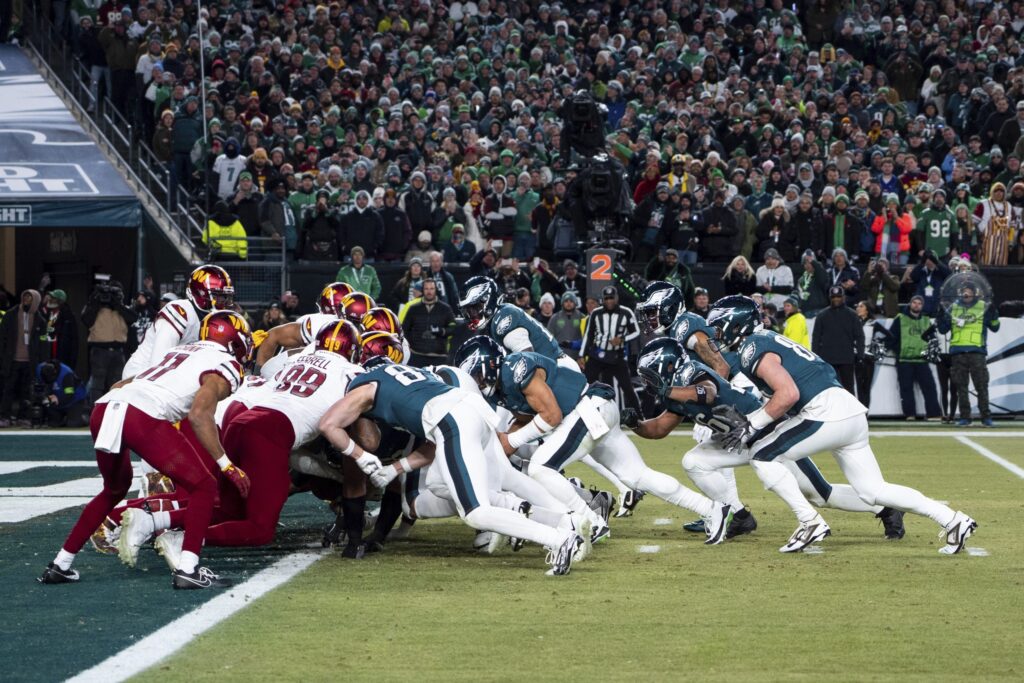 Eagles run the ball into the end zone right at the 1 yard line