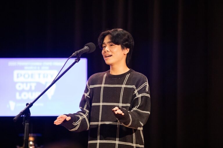 Evan Wang performs on stage at the Pennsylvania State Poetry Out Loud Championship