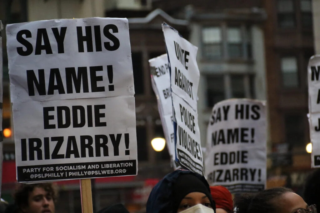 irizarry-protest-12-2023 Hundreds of people protest in Philadelphia against Mark Dial's charges being dropped. Signs read SAY HIS NAME! EDDIE IRRIZARRY!
