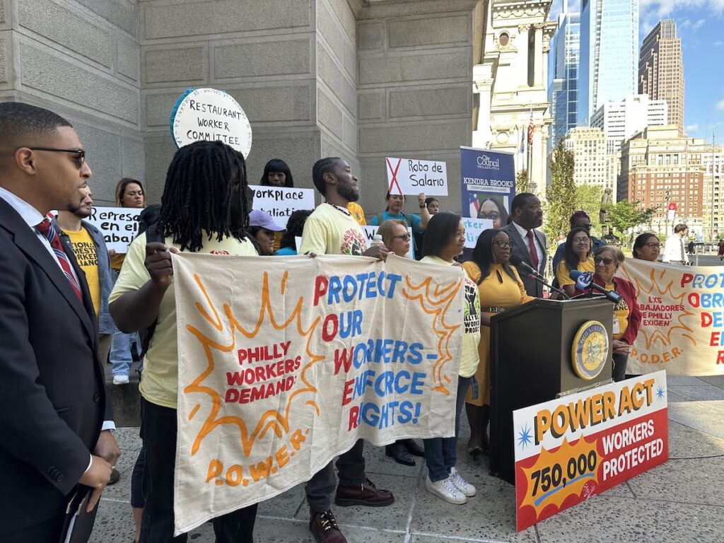 labor-bill-demonstration-KMG-050825-01 Council member Kendra Brooks, Council President Kenyatta Johnson and union workers outside Philadelphia City Hall