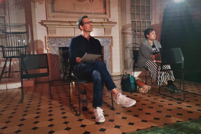 Director Damon Bonetti observes dress rehearsal of ''Cato (Remixed)'' at Carpenter's Hall in Philadelphia.