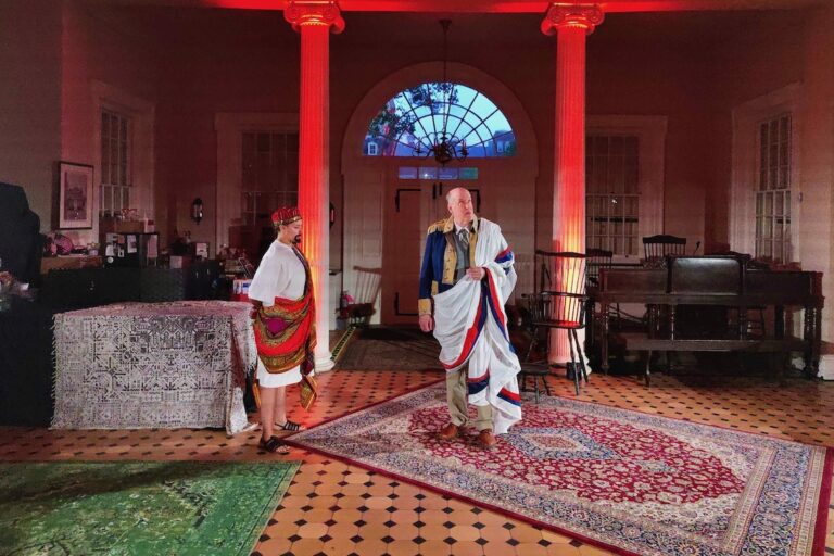 Actors on stage for ''Cato (Remixed)'' rehearsal in Carpenter's Hall