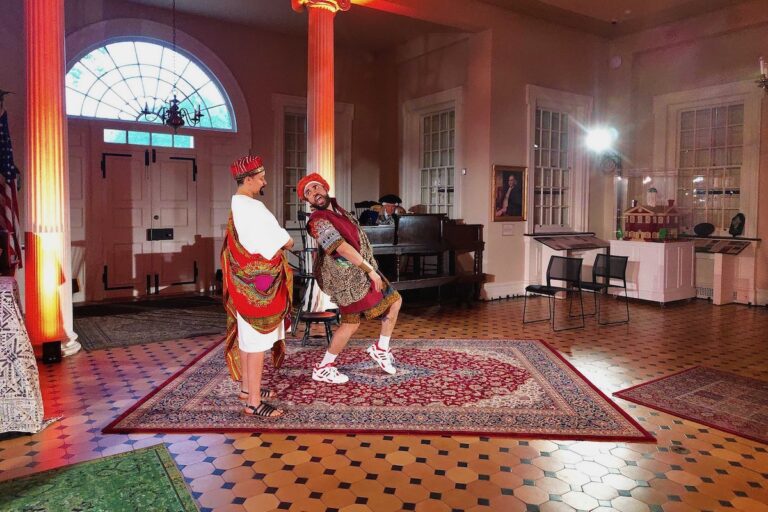 Actors on stage for ''Cato (Remixed)'' rehearsal in Carpenter's Hall