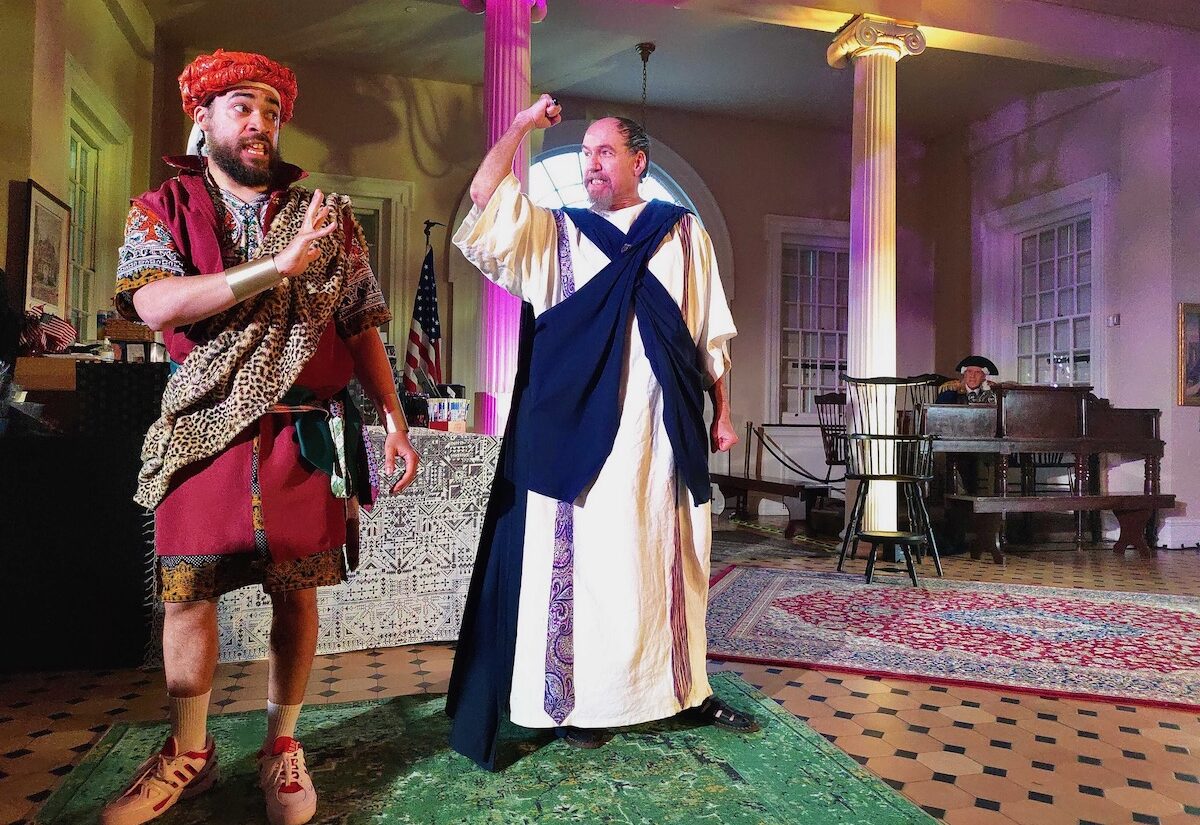 Actors on stage for ''Cato (Remixed)'' rehearsal in Carpenter's Hall