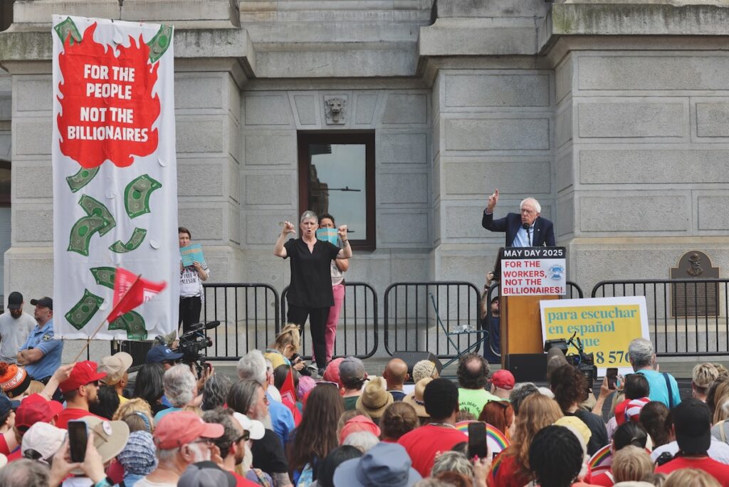 2025 05 01-e lee-philadelphia city hall-may day rally with bernie billionaires Bernie Sanders speaks at a May Day rally at Philadelphia City Hall