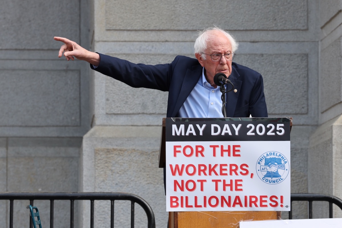 Bernie Sanders speaks at a May Day rally at Philadelphia City Hall