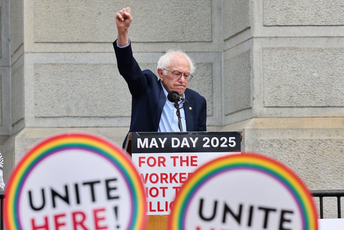 Bernie Sanders speaks at a May Day rally at Philadelphia City Hall