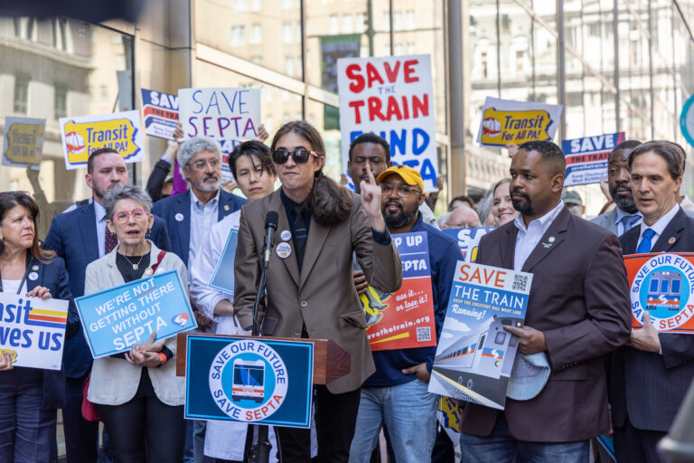 Connor Descheemaker at rally outside SEPTA headquarters