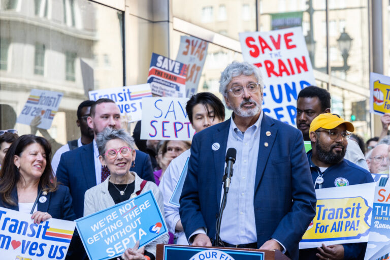 State Senator Tim Kearney at rally outside SEPTA headquarters