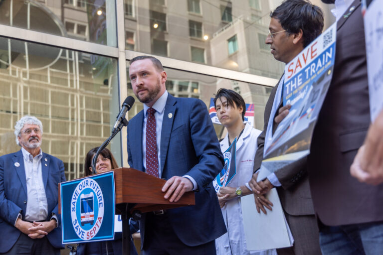 Pennsylvania State Representative Sean Dougherty at rally outside SEPTA headquarters