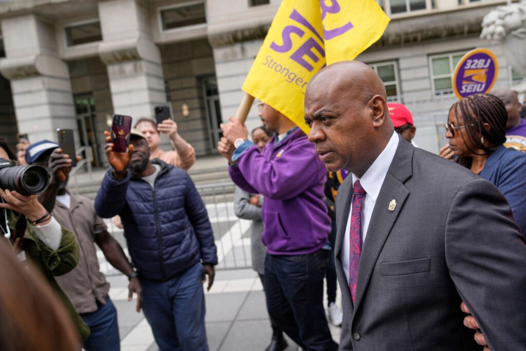Mayor Ras Baraka arrives to speak to supporters and media after a court appearance in Newark