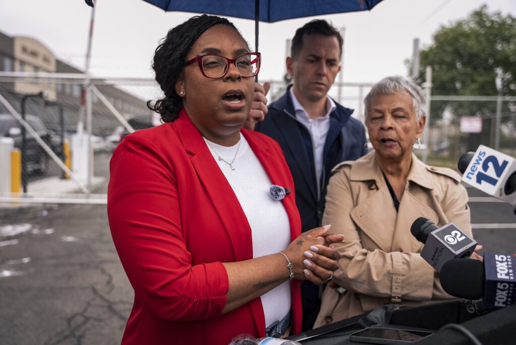 Immigration Protest Mayor Arrested LaMonica McIver speaking to the media