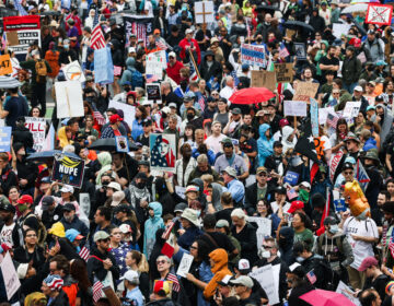 Protesters with the No Kings rally listen to speakers at the Philadelphia Museum of Art on June 14, 2025.