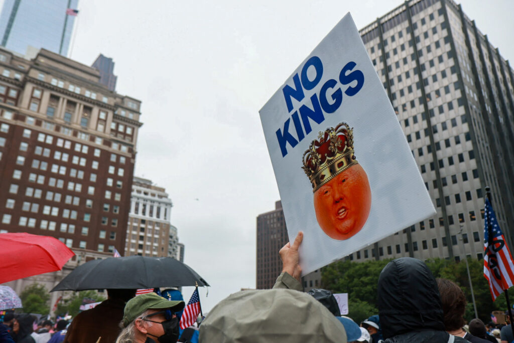 06 14 2025 k paynter no kings philadelphia protest-6 a sign says NO KINGS with Donald Trump's face