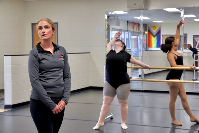Lauren Gebhart in the studio teaching a class to her students