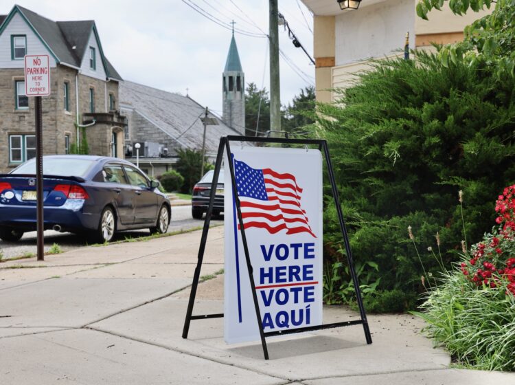 A sign welcomes voters to McLaughlin Hall in Collingswood during New Jersey's primary election on June, 10, 2025