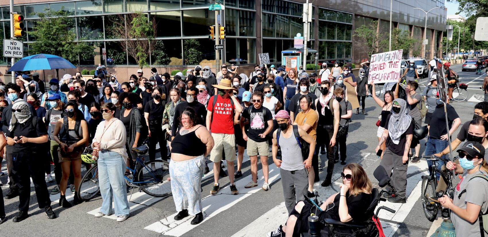 About 200 protesters block traffic at 7th and Arch streets during evening rush hour to protest recent ICE arrests and deportations.