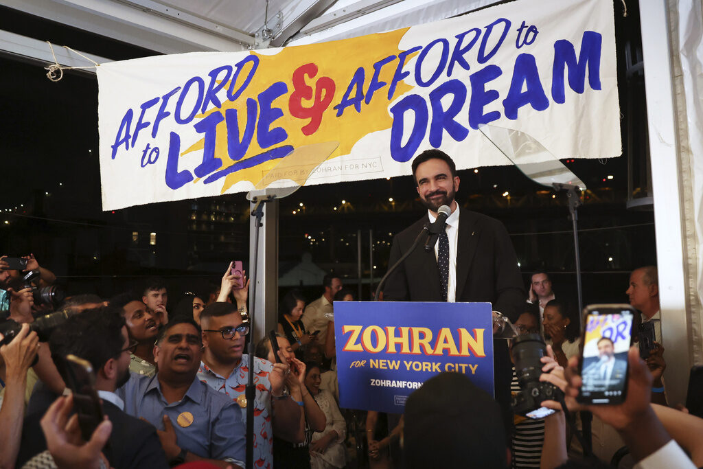 Election 2025 NYC Mayor Democratic mayoral candidate Zohran Mamdani speaks at his primary election party, Wednesday, June 25, 2025, in New York. (AP Photo/Heather Khalifa)