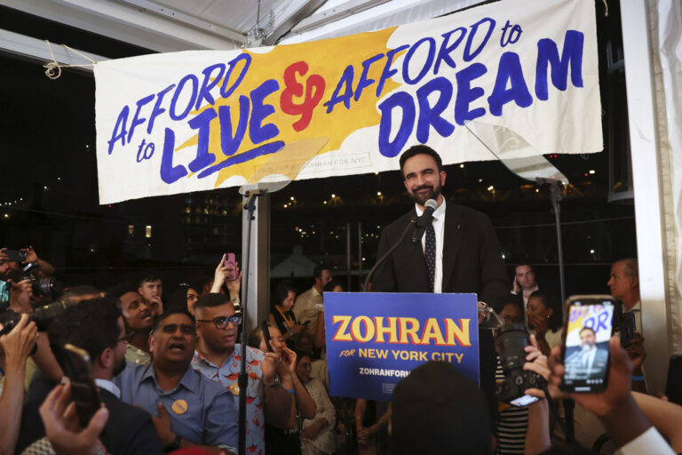 Democratic mayoral candidate Zohran Mamdani speaks at his primary election party, Wednesday, June 25, 2025, in New York. (AP Photo/Heather Khalifa)