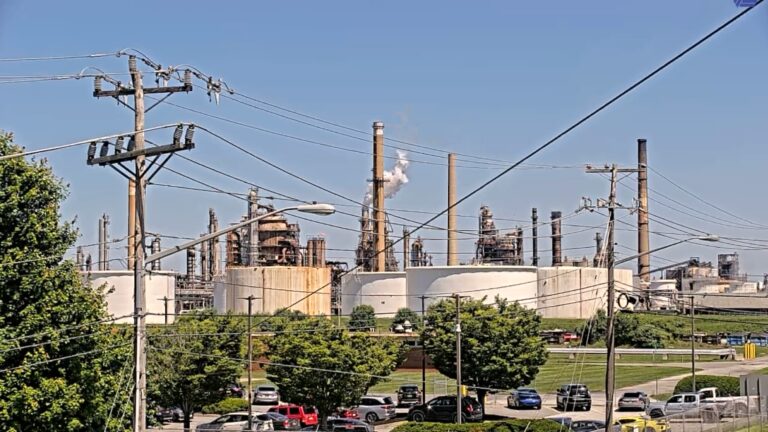 A screenshot of the DelDOT traffic camera livestream capturing the Delaware City Refinery