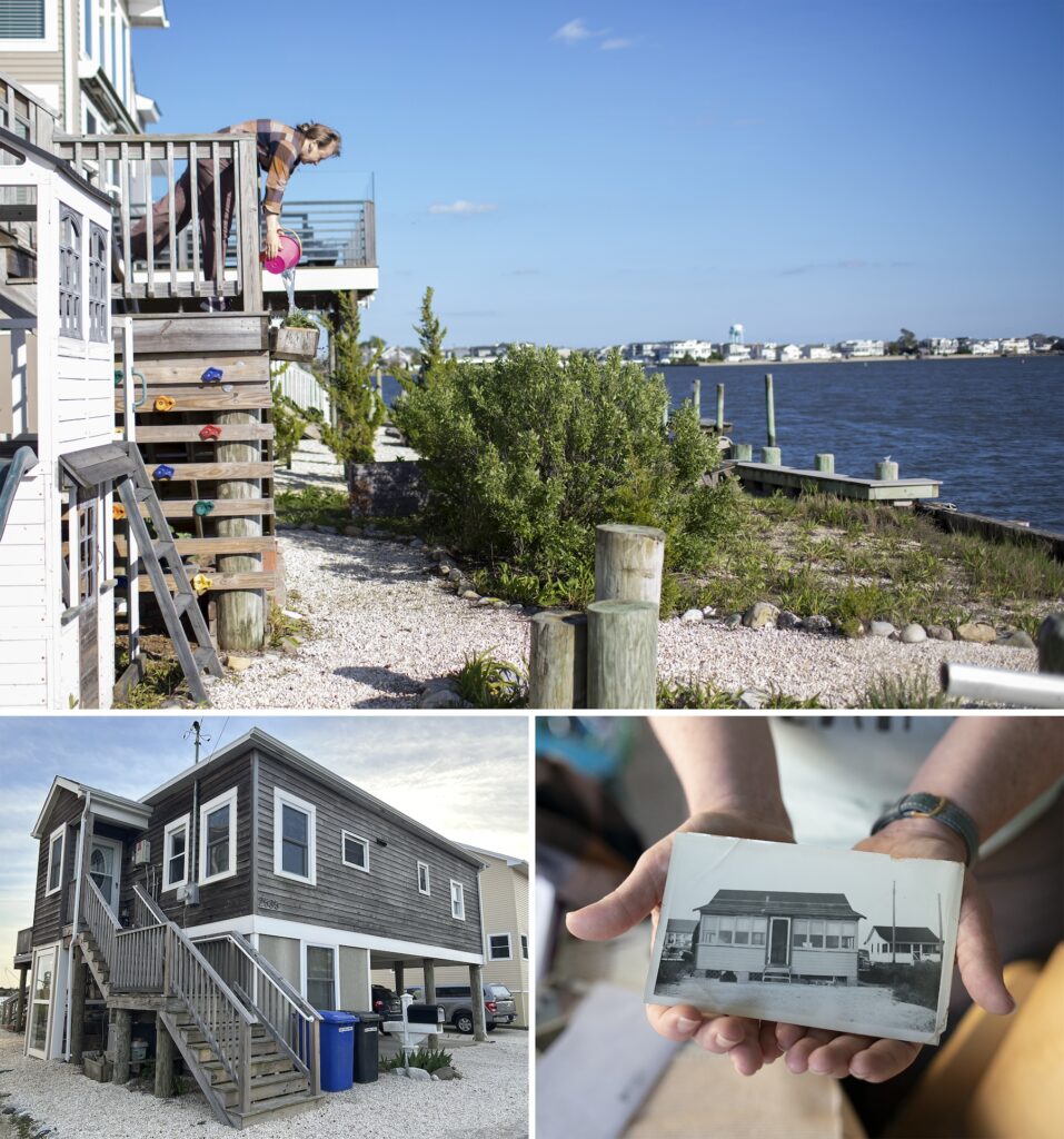A collage of three photos of the house from various eras. including the now-elevated house
