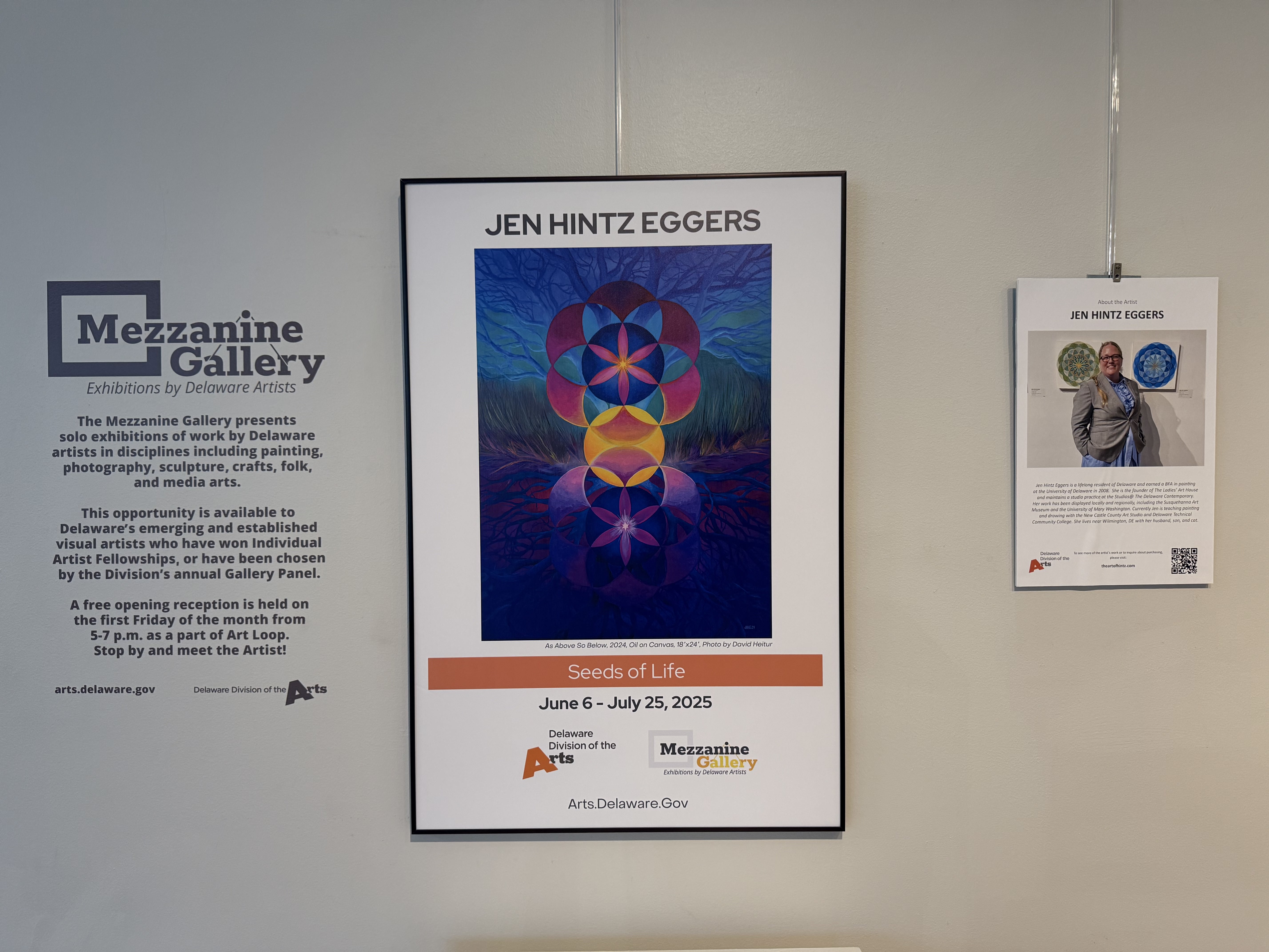 Jen Hintz Eggers paintings on a wall at the Mezzanine Gallery