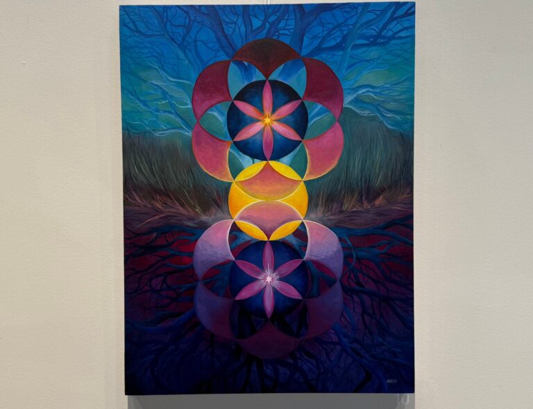 A Jen Hintz Eggers painting on a wall at the Mezzanine Gallery