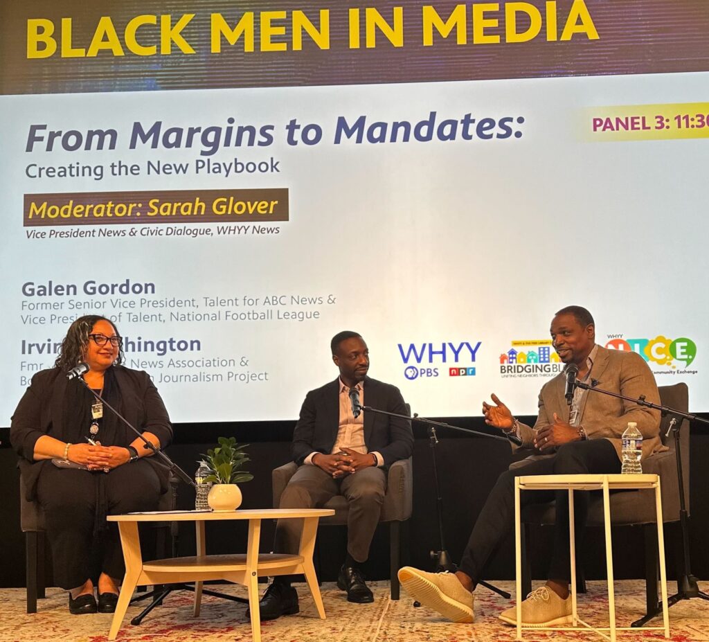 WHYYNewsSarahGloverBlackMeninMedia WHYY News' Vice President for News and Civic Dialogue Sarah Glover interviewed Irving Washington, board chair of the American Journalism Project and former CEO of the Online News Association in addition to Galen Gordon, executive producer for Straight Shooter Media and former senior vice president for talent strategy and development at ABC News about what it means to be a newsroom leader. (Kristen Mosbrucker-Garza/WHYY)