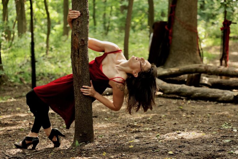 Dancers perform in the woods of the Schuylkill Center