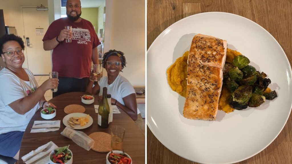 ben-abrams-npr-2025-06-19 Three people toasting with a drink at a table, and a closeup of the dinner plate.