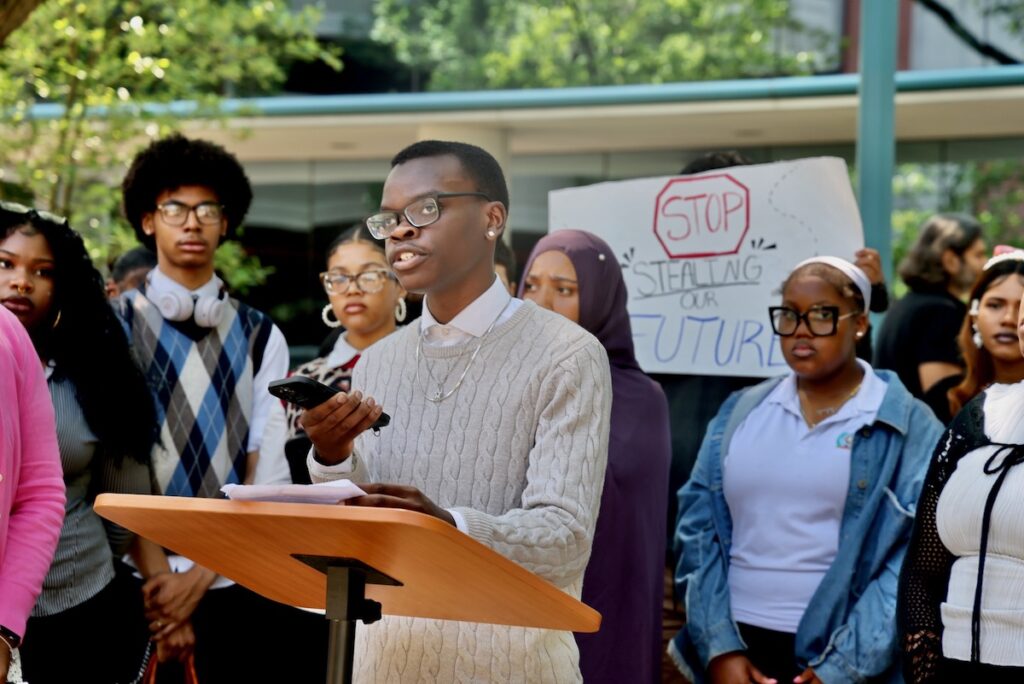Ja'Qui Bennett speaking at protest in Trenton