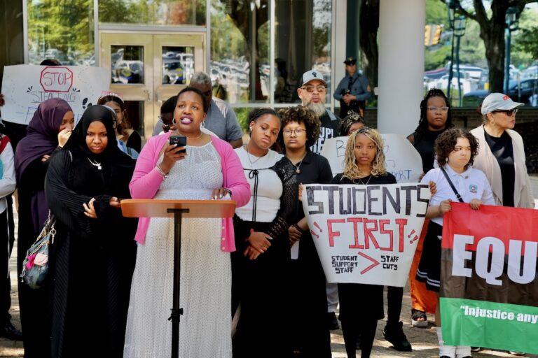 Ronsha Dickerson speaking at protest in Trenton
