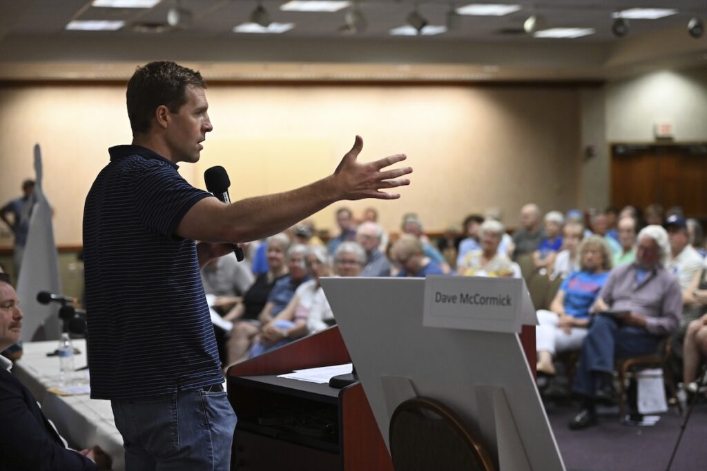 Fetterman-Democrats Conor Lamb speaks to the crowd at a town hall-style event