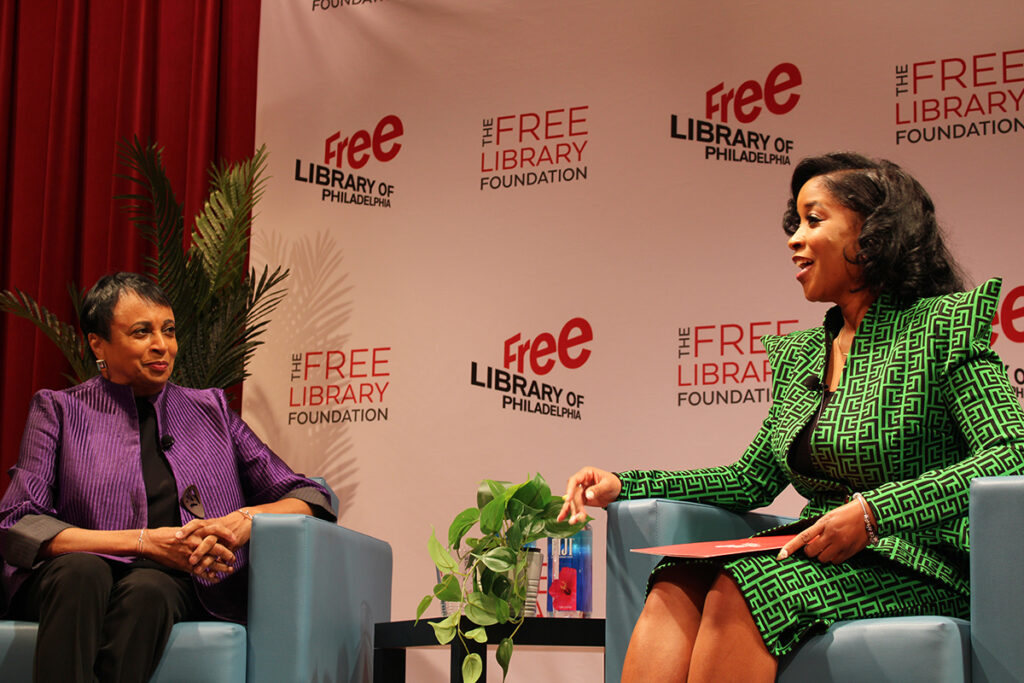 dr-carla-hayden-free-library-philadelphia-1 Carla Hayden, 14th Librarian of Congress, spoke with Ashley Jordan, president and CEO of the African American Museum in Philadelphia, at an event at the Free Library of Philadelphia Central Branch on June 28, 2025. (Emily Neil/WHYY)