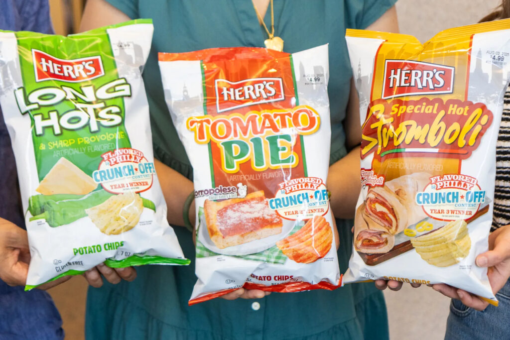 Three bags of Herr’s chips: Long Hots, Tomato Pie and Special Hot Stromboli