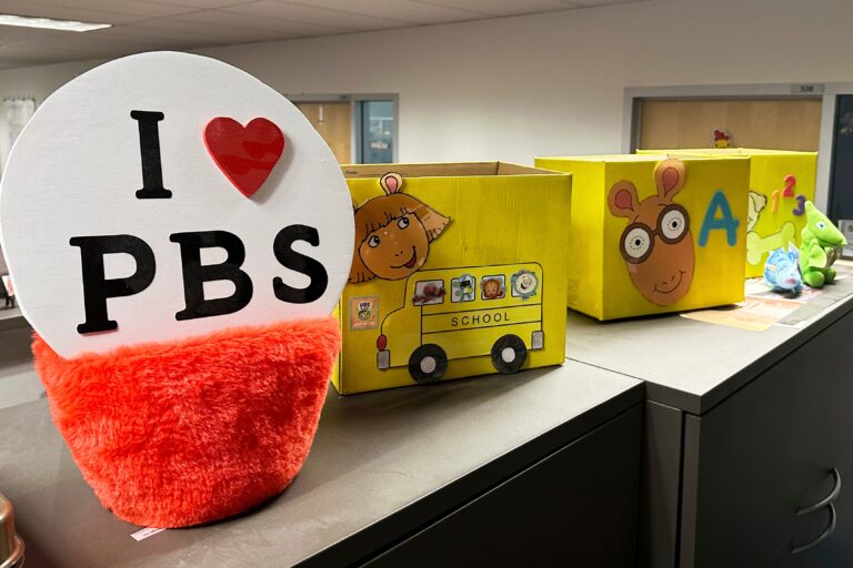 PBS Kids show characters decorate boxes at the Arizona PBS offices in the Walter Cronkite School of Journalism and Mass Communication in Phoenix