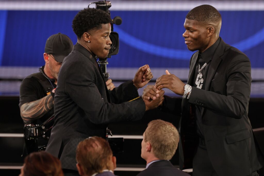 NBA Draft Basketball VJ Edgecombe, left, is congratulated