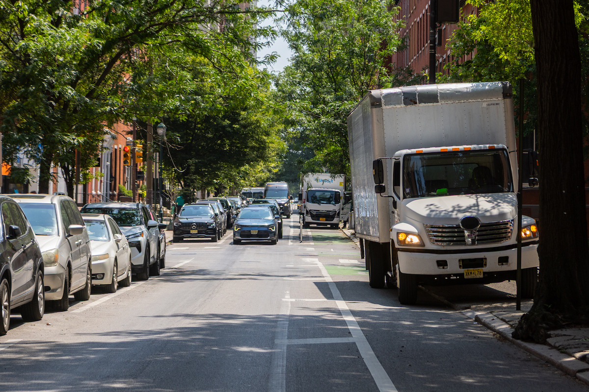 Trucks parked in bike lane on Spurce Street