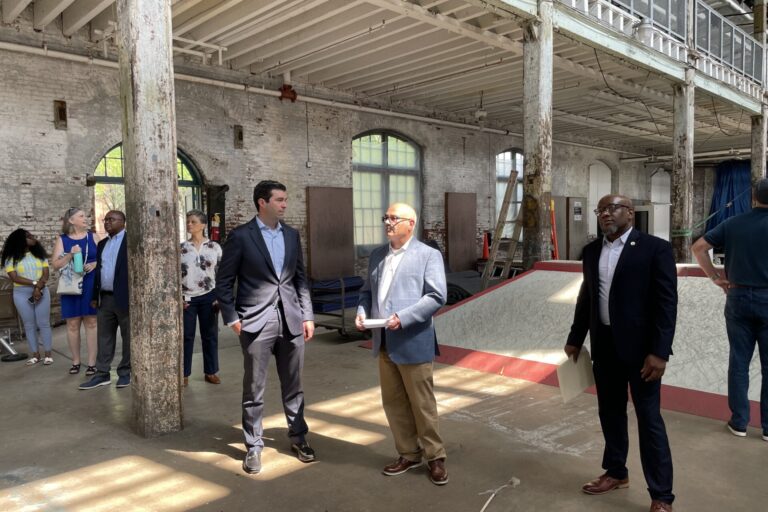 The rehabilitation of the Roebling factory building will include a new roof, new windows and structural reinforcement work. (David Matthau/WHYY)
