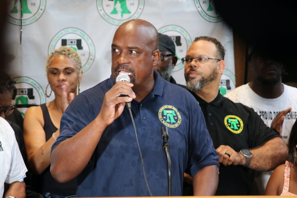 Antione Little speaking at union workers rally