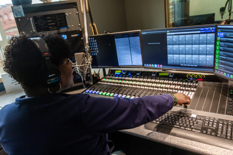 Nicole Sweeney on the mic at the station’s studio